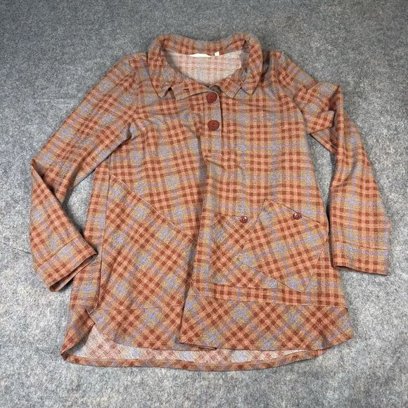 Soft Surroundings Brynn Tunic Top Women’s Large Orange Plaid Asymmetrical Artsy - Picture 1 of 9